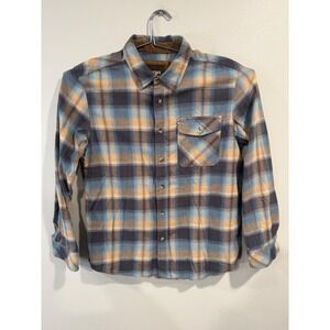 CQR Mens Plaid Flannel Shirt Large Blue Tan Long Sleeve Button Up Casual Outdoor
